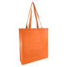 Orange reusable shopping bag with long handles on a white background.