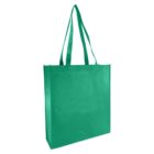 Green reusable shopping bag with long handles, standing upright.