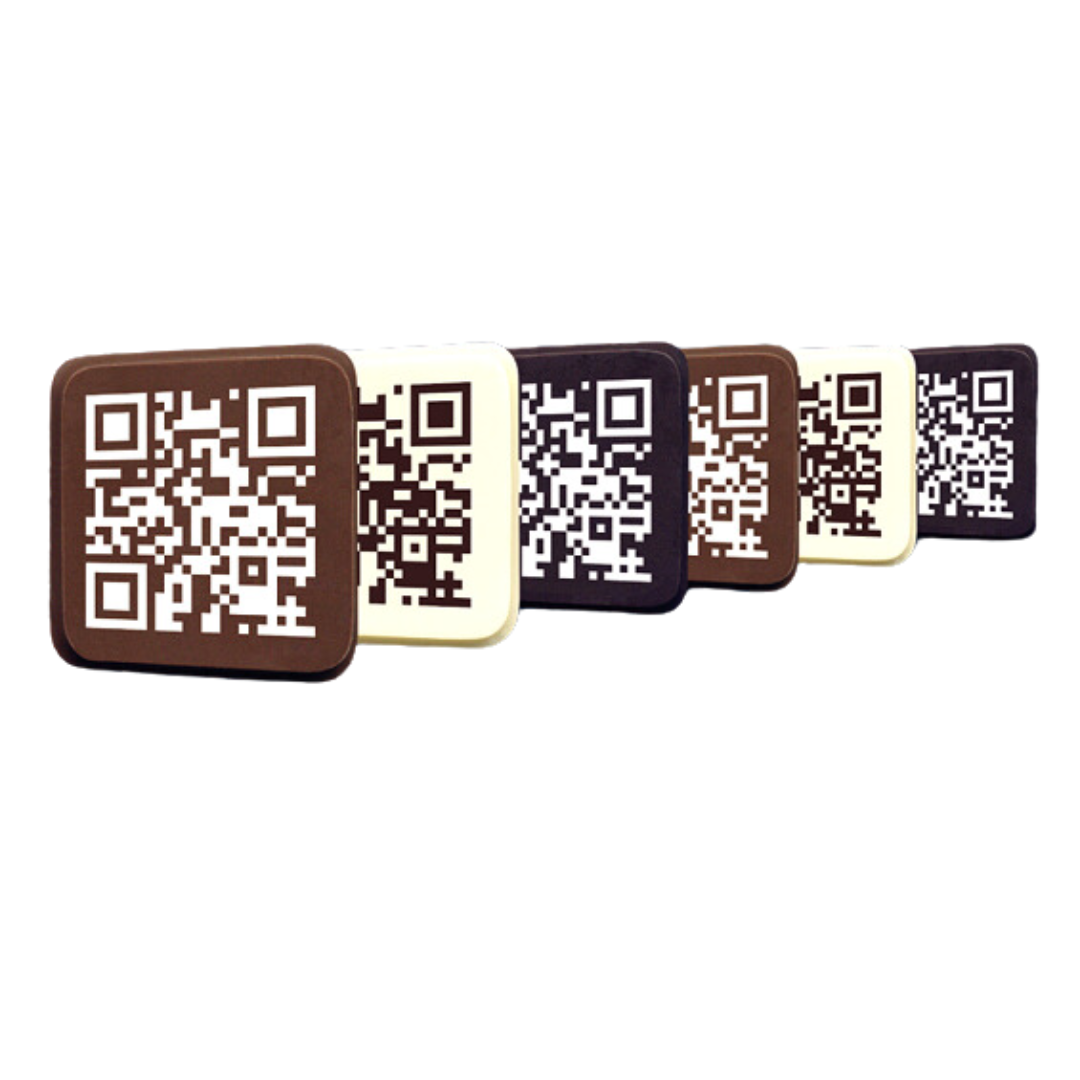 Five QR Code Branded Chocolate squares are lined up diagonally, each featuring a unique QR code and varying in shade from light to dark brown.