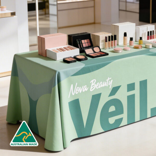 Showcase Exhibition Table Clothes with Nova Beauty Veil and the Australian Made logo.