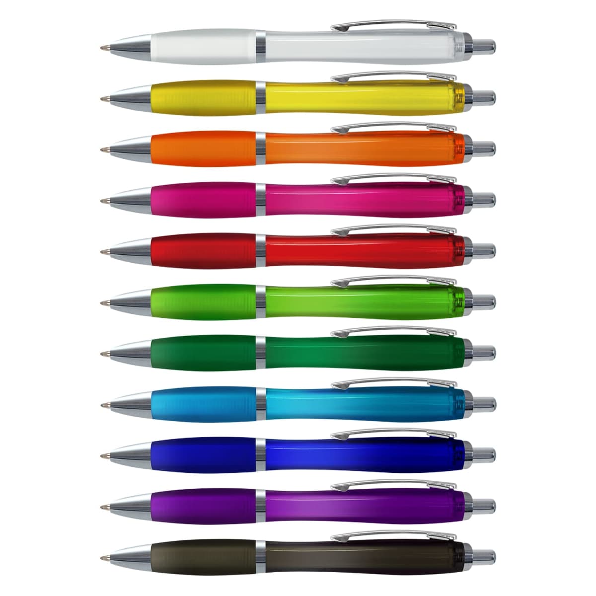 A set of twelve ballpoint pens in different colors arranged in a vertical row.