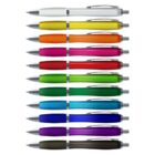 Twelve ballpoint pens in various colors arranged in a vertical row on a white background.