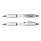 Two silver and white retractable ballpoint pens, shown from different angles.