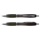 Two black retractable ballpoint pens with silver clips, shown from top and side views.