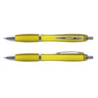 Two yellow ballpoint pens with silver accents, shown from different angles on a white background.