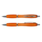 Two orange ballpoint pens with silver tips and clips, shown from side and top views.