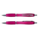 Two pink retractable ballpoint pens with silver accents, shown from top and side views.