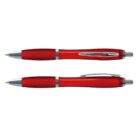 Two red retractable ballpoint pens with silver accents shown from side and top views.