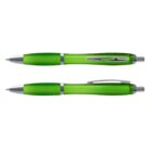 Two green ballpoint pens with silver accents and a click mechanism, shown from two angles.