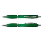 Two green and silver retractable ballpoint pens, shown from top and side views.
