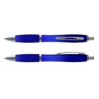 Two blue and silver retractable ballpoint pens, shown from the side and top views.
