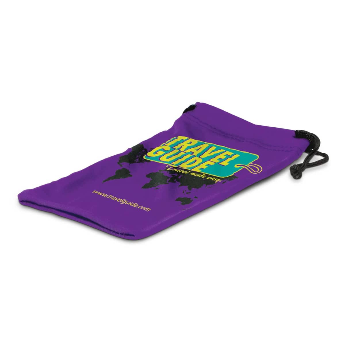 Purple drawstring pouch with a black drawstring, featuring a design that includes a stylized map of continents and the text TRAVEL GUIDE in bold yellow letters. Additional website text is visible at the bottom. Pouch is slightly angled.