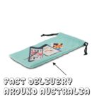 A light blue drawstring pouch with a collage of various images and a note printed on it. An arrow points to the pouch, with text below reading Fast Delivery Around Australia in bold, stylized letters.