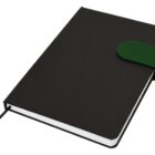 A black notebook with a dark green strap closure.