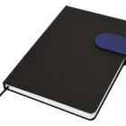 Black notebook with a blue strap and a bookmark ribbon on a white background.