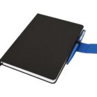 Black notebook with a blue pen attached to the cover.