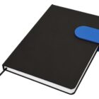 Black notebook with a blue clasp and ribbon bookmark, closed on a white background.