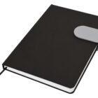 Black notebook with a gray clasp, closed, on a white background.