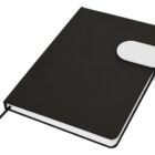 Black notebook with a white clasp closure on a white background.