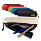 A beige pencil case with pens and rulers, plus six colorful zip cases in the background.