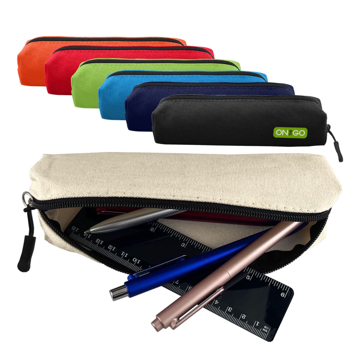 A beige pencil case with pens and rulers, plus six colorful zip cases in the background.
