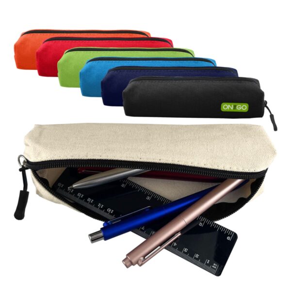 A beige pencil case open with pens and a ruler, plus six colorful closed cases behind it.