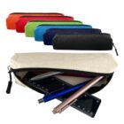 Seven colorful zippered pencil cases and one beige case open with pens and ruler inside.