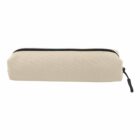 Beige zippered pencil case with a black zipper and pull tab, photographed on a white background.