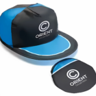 Black and blue Folding Nylon Caps with Orient Collection logo and matching pouch.