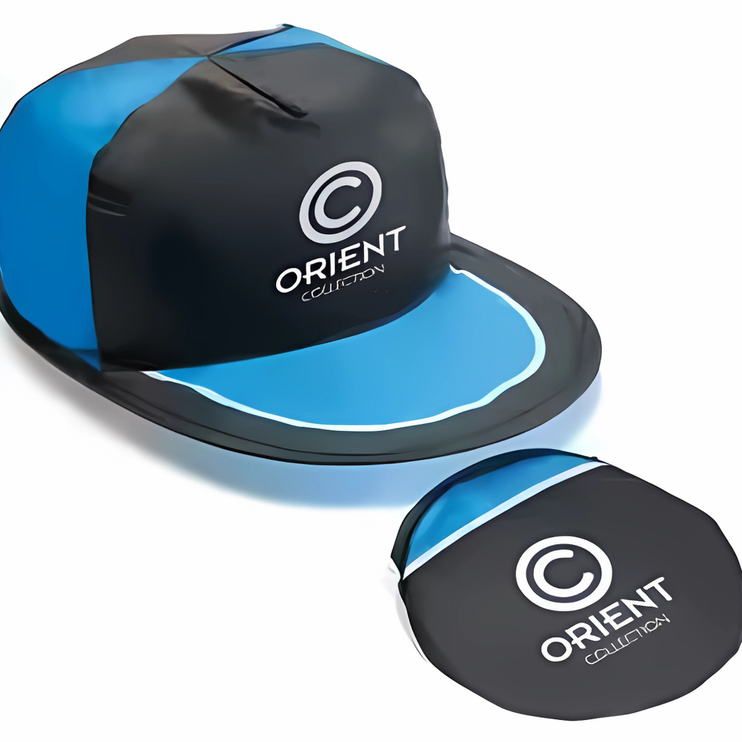 Black and blue Folding Nylon Caps with Orient Collection logo and matching pouch.