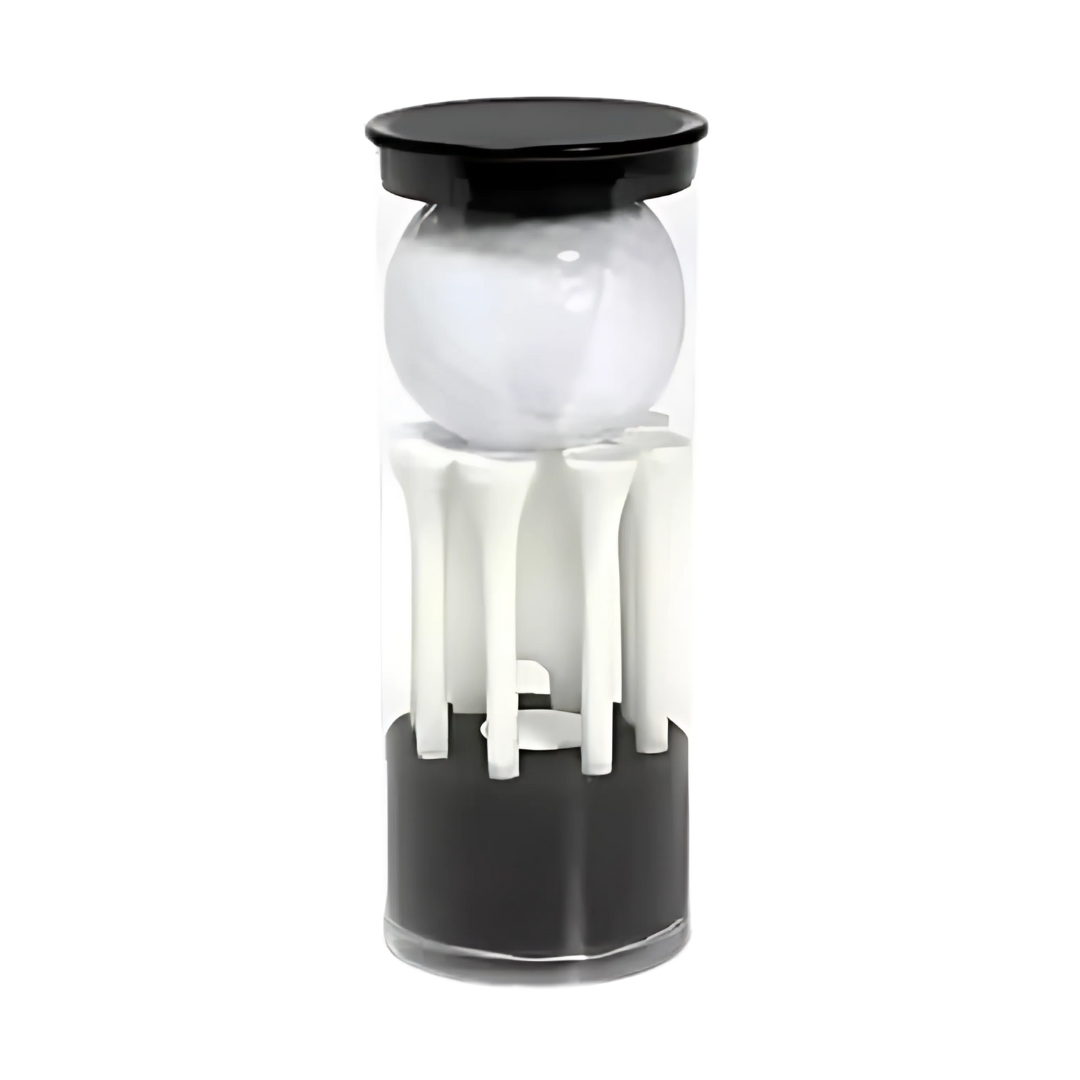 The 1 Ball Promotional Golf is a sleek cylindrical container ideal for promotional giveaways. It holds a golf ball and several white tees, with a stylish black lid and base, making it perfect for any golf enthusiast.