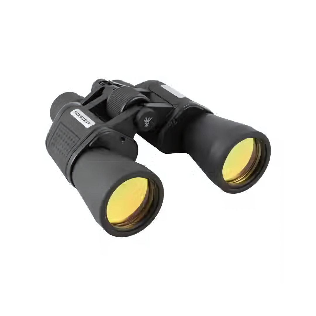 A pair of black 10 x 50 Binoculars with yellow-tinted lenses is displayed against a white background. They feature advanced optics, textured grips, and a central focus wheel for precise adjustments.
