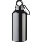 Black metal water bottle with a loop cap and a carabiner clip attached.