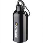 Black metal water bottle with a carabiner and 24 Hour Fitness logo on the side.