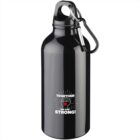 Black water bottle with a carabiner and a Together We Are Strong! graphic on the front.