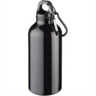 Black metal water bottle with a carabiner attached to the lid, on a white background.