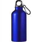 Blue metal water bottle with a black cap and attached carabiner clip, isolated on white.