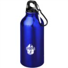 Blue metal water bottle with a carabiner and a Downhill Mountain Biking logo on it.
