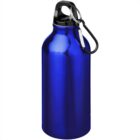 Shiny blue metal water bottle with a black cap and a silver carabiner.