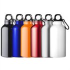 Six metal water bottles in black, blue, orange, red, silver, and white, with carabiner lids.