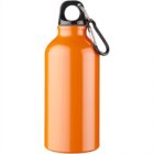Orange metal water bottle with black cap and attached carabiner clip on white background.