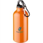 Orange water bottle with a black cap, carabiner, and a GoodWater logo on the front.