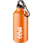 Orange water bottle with black cap, metal clip, and HUG FROM A DISTANCE text in white.