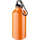 Orange metal water bottle with a black cap and a silver carabiner attached to the lid.