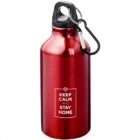 Red water bottle with a carabiner and Keep Calm and Stay Home printed on it.