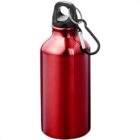 Red metal water bottle with a black cap and carabiner clip attached to the handle.