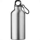 Stainless steel water bottle with a black lid and a small carabiner attached.