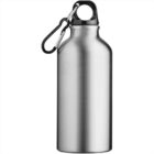 A silver metal water bottle with a black lid and a carabiner attached.