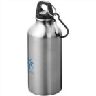 Stainless steel water bottle with a black carabiner attached to the lid.
