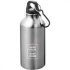 Silver water bottle with a black cap, carabiner, and Keep Calm and Stay Home text.